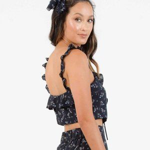 LUCCA COUTURE Navy Floral Print Ruffle Crop Top